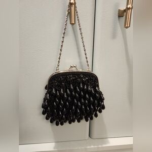 Lancome Black Beaded Sequin Clutch with Silver Chain Clamshell Mini 5x5 Rare